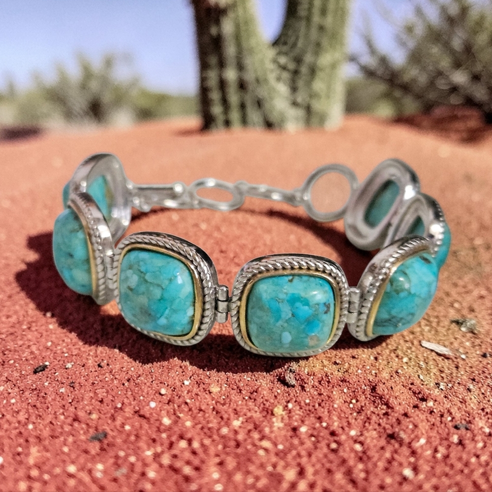 TURQUOISE BRACELET RHODIUM OVER STERLING SILVER SIZE 7"-7 3/4"
